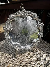 VICTORIAN ORNATE  SILVER PLATED SALVER TRAY MADE IN ENGLAND TULIPS FLORAL 12”