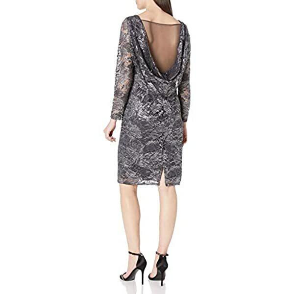 Marina Women's 8 Foiled Lace Cocktail Dress Gunmetal Gray Silver Sheath  V-Neck | eBay