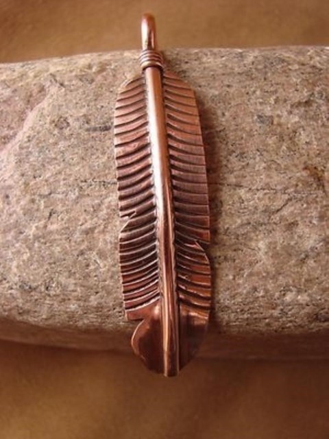 Navajo Indian Copper Feather Pendant! Hand Made by Douglas Etsitty