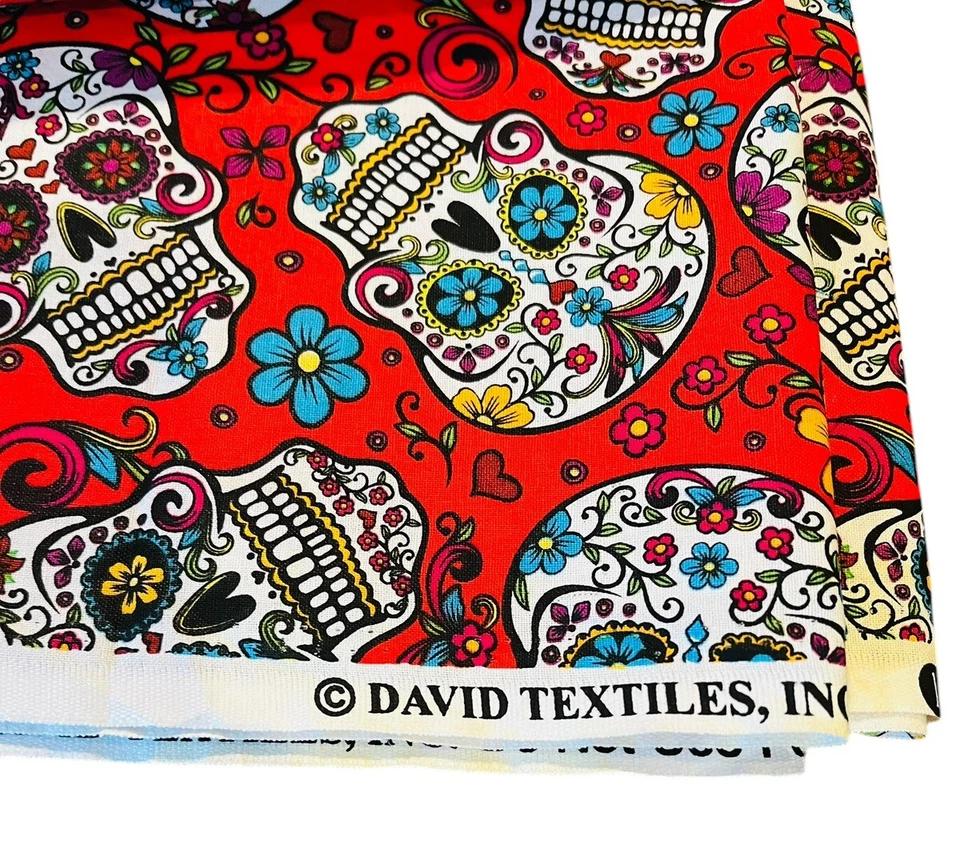 David Textiles Red Sugar Skull Flowers Fabric 66" x 44" Day Of The Dead - Image 2 of 3