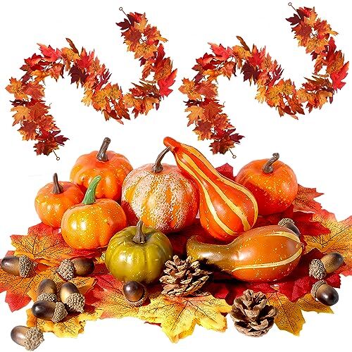 50pcs Fall Leaves Decor Set- 8 PCS Artificial Pumpkins, 12 PCS Pinecones and - Foto 1 di 6