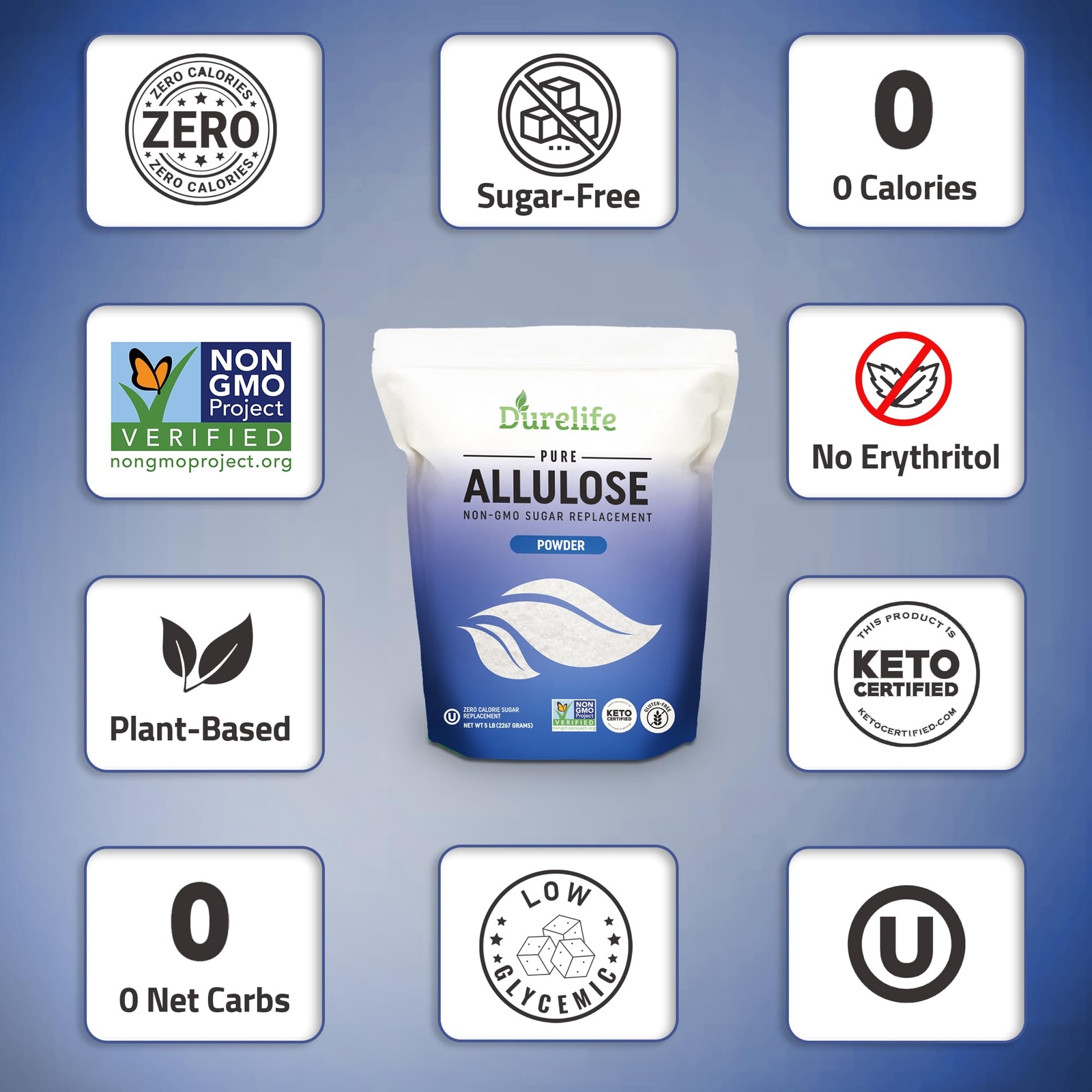 Allulose sweetener, 5 lb 100% Pure No Erythritol powdered Sugar Substitute, N...