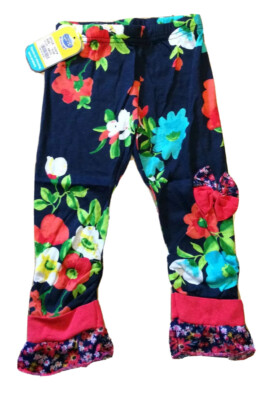 NWT Girls Garden Floral Navy Blue Ruffle Bow Cute Leggings Sizes 3/4 4/5 5/6 