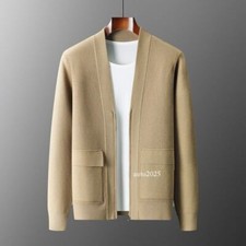 Mens Wool Zippered Cashmere Cardigan Jacket Jacquard V-Neck Knitted Jacket Coat