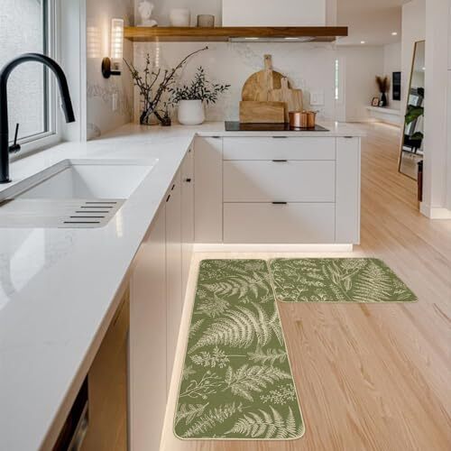 Green Leaves Spring Kitchen Mats Set of 2, Floral Kitchen Rugs and