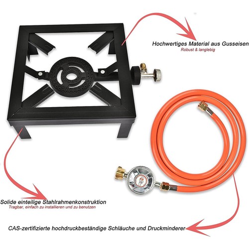 Hockerkocher Gaskocher Gasbrenner Campingkocher Wok 8kW Schlauch Druckminderer - Bild 7 von 17