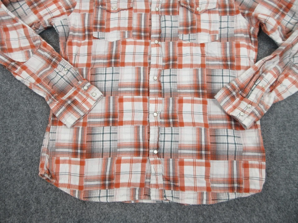 Guess Shirt Mens 2XL XXL Orange Plaid Pearl Snap Button Up Western Slim Flannel - Image 3 of 4