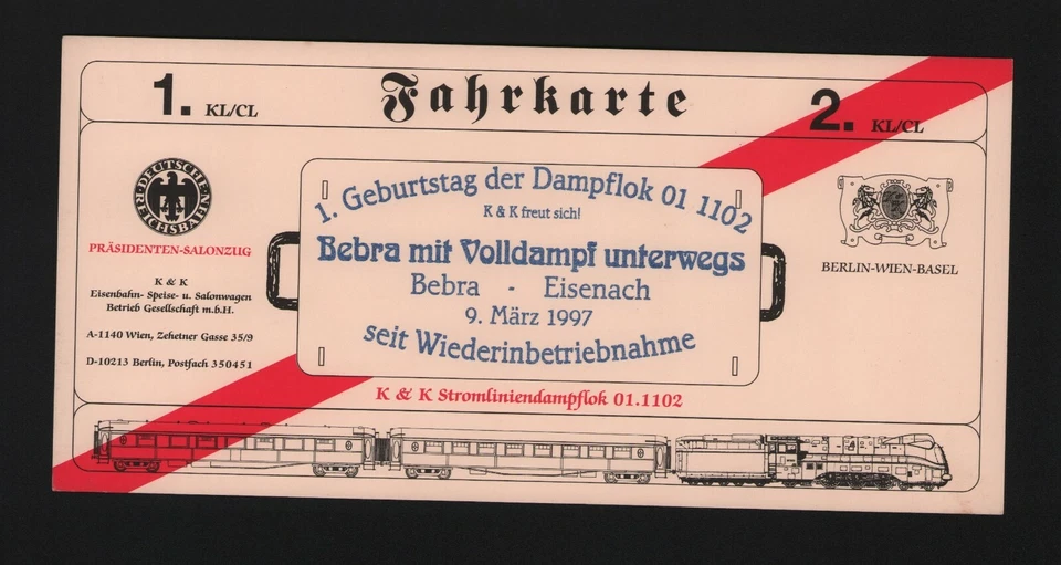 Fahrkarte 1997, von BEBRA nach EISENACH Geburtstag Dampflk 01 1102