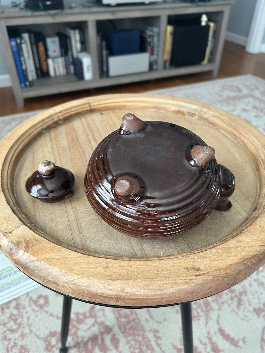 濃茶入れ Vintage Brown Tan Ceramic Tea Pot with Wire Coil Handle and