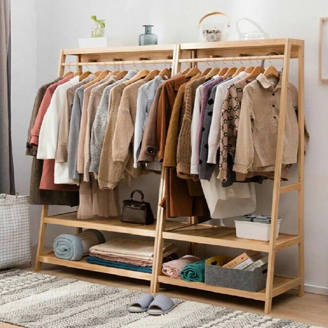 Solid Wood Coat Rack Stand Clothes Hanging Rail Rack Shelf Closet Hooks  Portable