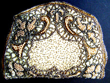 Antique Belgium gold seed beaded  embroidery Evening Bag silk high quality