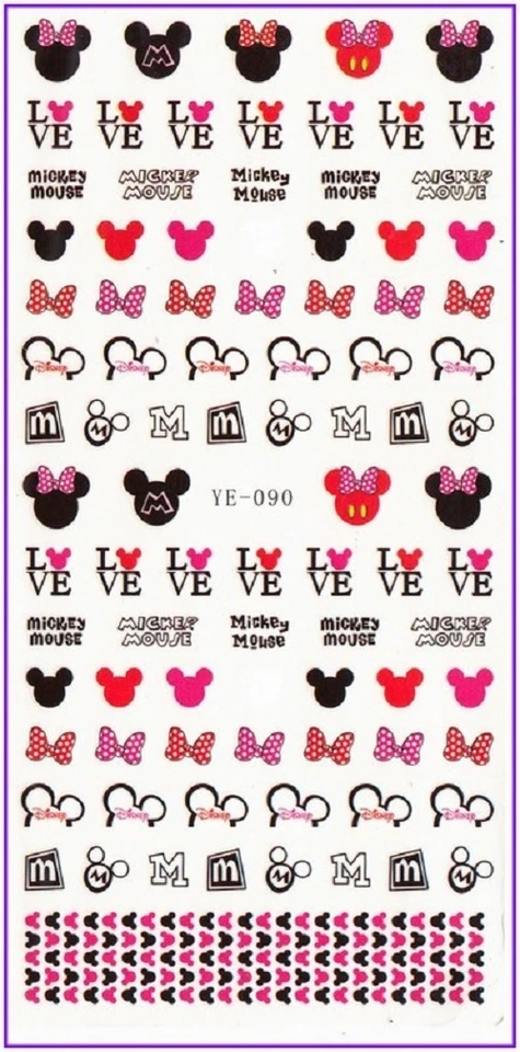 Nail Art Water Decals Stickers Transfers Red Bows Hearts Minnie Mickey Mouse 190