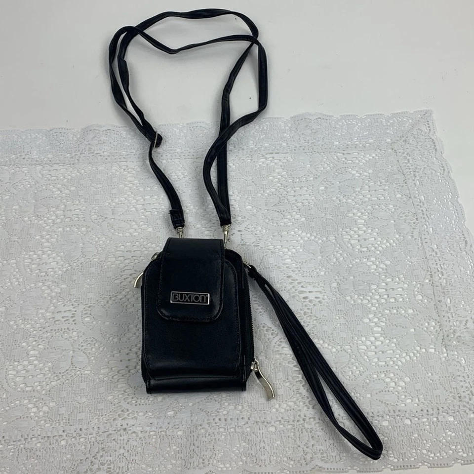 Vintage Buxton Wristlet Wallet Crossbody Travel Mini belt bag Black Silver Strap Foto 2 de 4