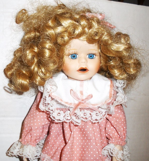 12" Partial Porcelain & Cloth Doll Curly Blonde Hair Blue Glass Eyes