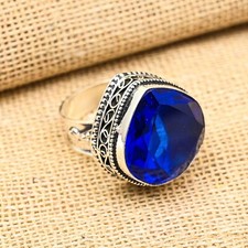 Lab-Created Blue Sapphire Gemstone Handmade 925 Sterling Silver Ring Jewelry