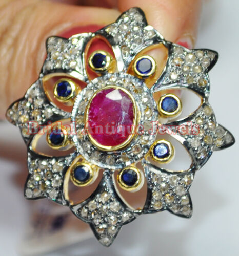 2.81ct Rose Cut Diamond Simulated Ruby Sapphire Gemstone 925 Silver Pendant - Foto 1 di 6