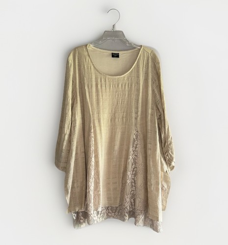 Cal Style Tunic Top Blouse Lace Relaxed Beige 3/4 Sleeve Beige Neutral Flowy 2XL