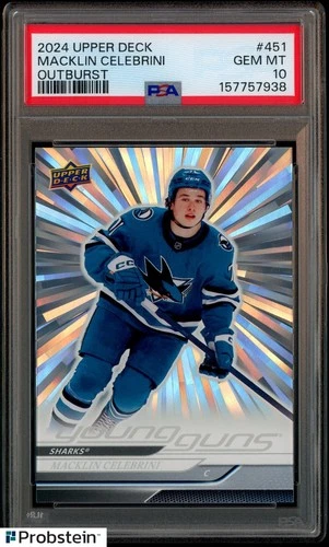 2024-25 Upper Deck Hockey Young Guns Outburst Macklin Celebrini RC Rookie PSA 10