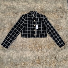 Jason Wu Cropped Tweed Blazer Sz M Black Metallic Collard Long Sleeve Preppy