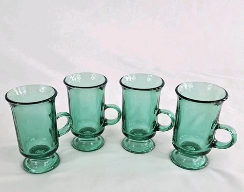Libbey Vintage Emerald Footed Pedestal Irish Coffee Cups With Handle  Lot 4 