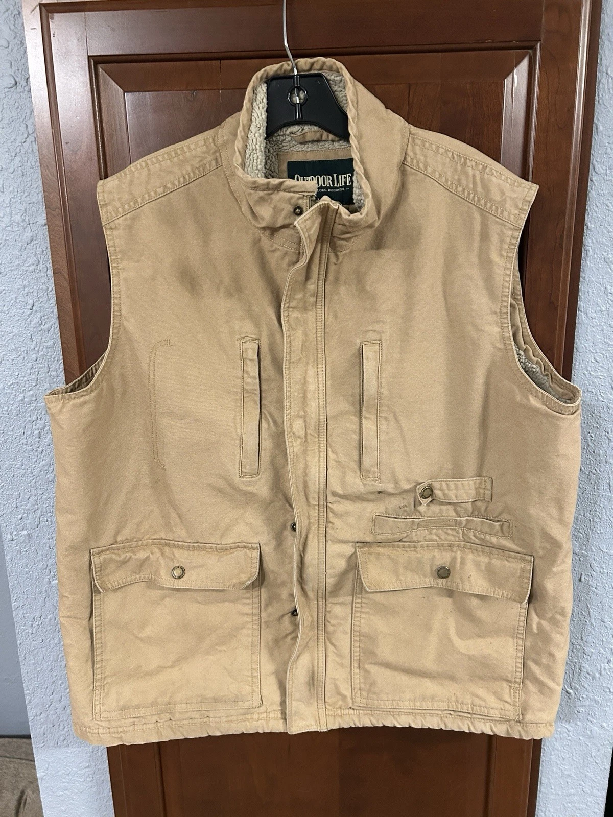 Vintage Outdoor Life Vest Size Large Tan Outerwear Fleece Lined 5 Pockets