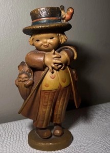 ANRI Juan Ferrandiz Girl With Cane Bird Hat Wood Carving Italy 7in Figure