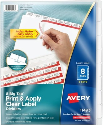 8 Big Tab Dividers 3 Ring Binder Easy Print & Apply Clear Label Strip Index