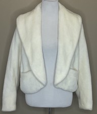 Vtg 60s Mid-Century Faux Fur Jacket Short Overcoat Shawl Collar M Cream Pockets