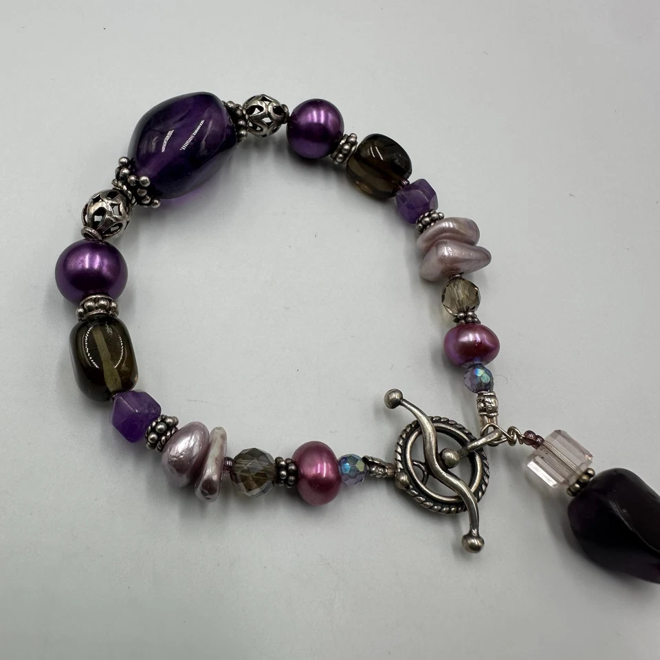 Pulsera artesanal con cuentas perlas de vidrio púrpura cuentas plata de ley palanca 7" Foto 4 de 4