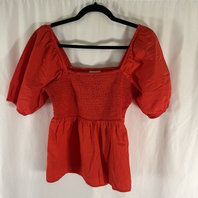 Loft Blouse Women's Petite Small Red Square Neck Puff Sleeve Smocked Peplum
