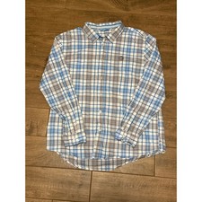 AT T Uniform Work Shirt Button Up Long Sleeve Men's Size XL Blue Plaid Logo