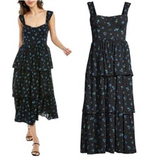 WEWOREWHAT Corset Tiered Midi Dress SZM Floral Square Neck Ruffle Fairy Feminine