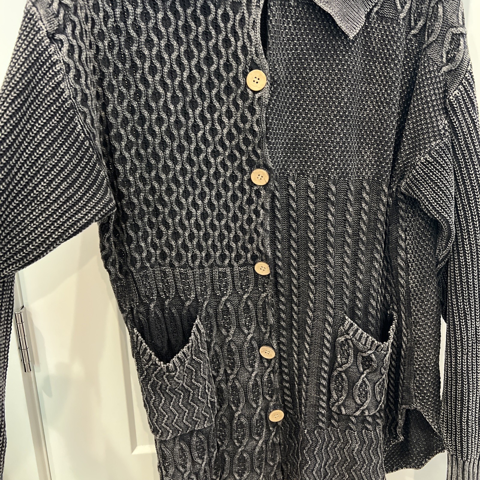 Bke Knit Boho Patchwork Sweater Gray Large - image 4