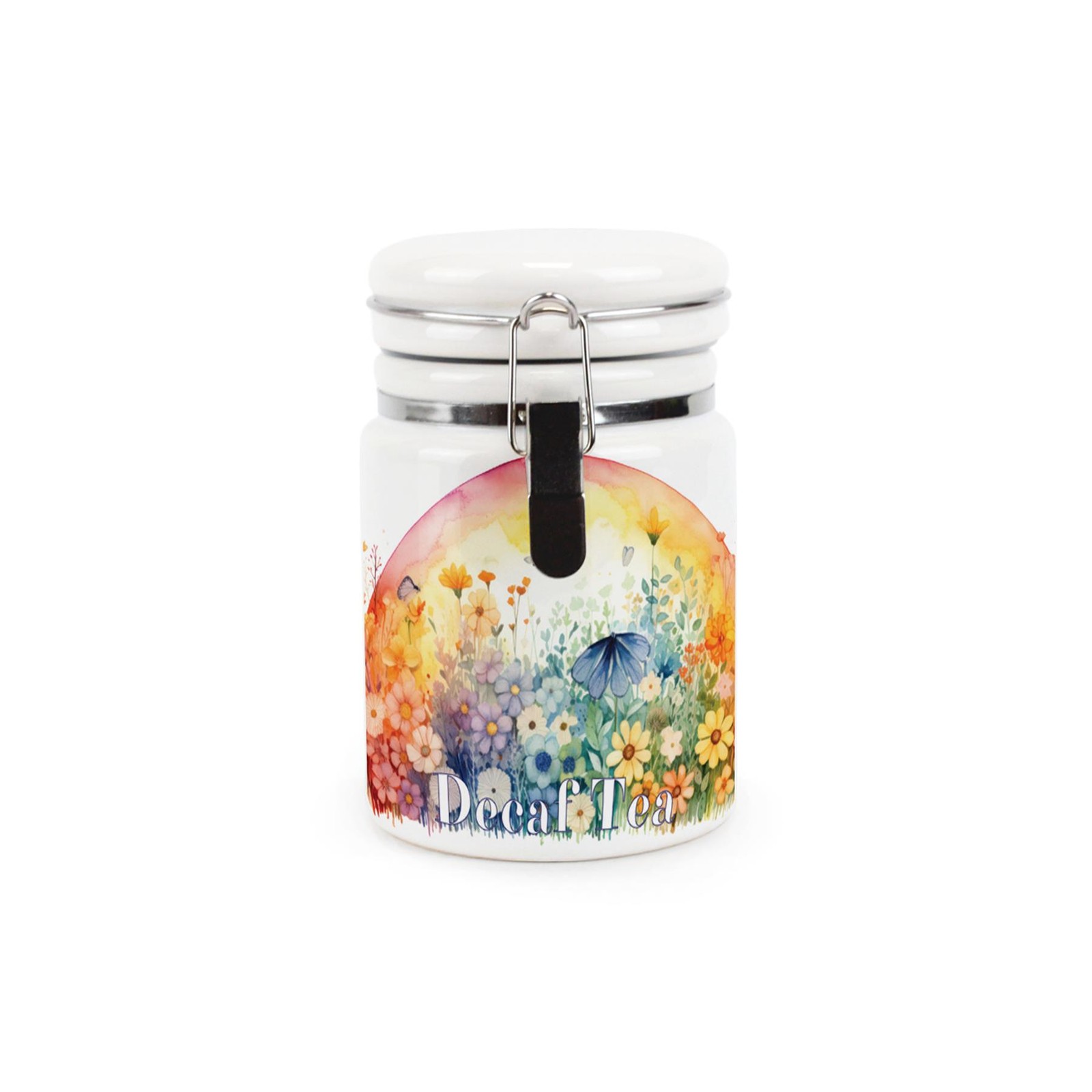 Ceramic Clip-Lid Colourful Sunrise Canister - Floral Decaf Tea Storage Container