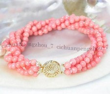 4 Strands 4mm Genuine Natural Pink Coral Round Gemstone Beads Bracelet 7.5''