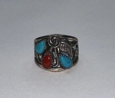 Native American 925 Sterling Silver 3 Teardrop Coral Turquoise Ring /Size 6