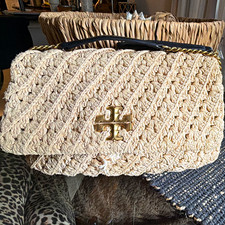 Tory Burch Kira Crochet Convertable Top Handle Black Leather Strap Gold Logo Zip