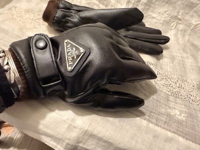 Authentic Prada Leather Gloves Black Triangle Logo LeatherStrap
