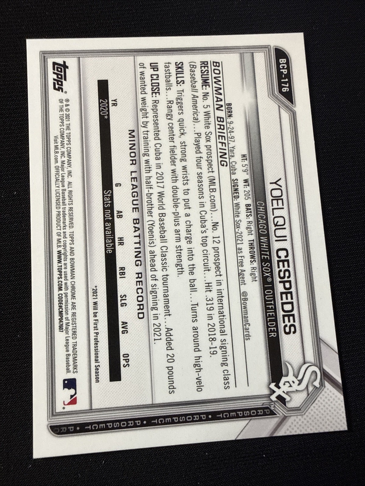 2021 Bowman Chrome #BCP-176 Yoelqui Cespedes Prospects Speckle Refractor #/299 view 2