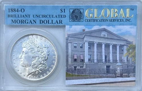 New Listing1884-O Morgan Silver Dollar - rare Global Certification Services case - Gem BU