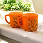 Vintage Federal Glass Orange Mod Floral Mugs Milk Glass Shield Mark USA Set Of 2