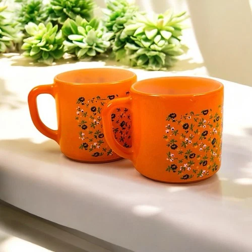 Vintage Federal Glass Orange Mod Floral Mugs Milk Glass Shield Mark USA Set Of 2