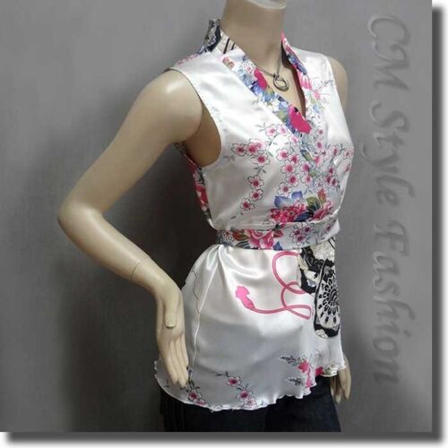 Japanese Kimono Sleeveless Floral Silky Satin Tank Top White M - Picture 3 of 5