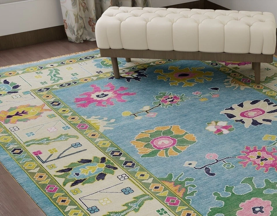 New Oushak Rug Hand Knotted Turkish Rug 100% Wool Rug Blue Color  12X9 Size - Image 2 of 4