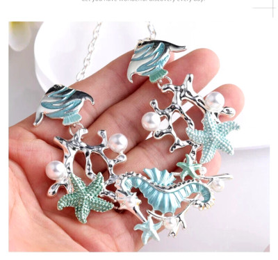AVIANNA AQUA OCEAN LIFE FASHION DESIGNER ENAMEL NECKLACE & EARRINGS SET