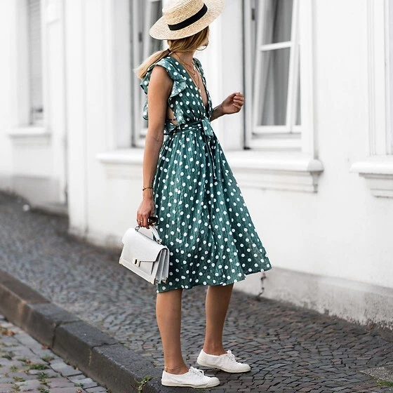 GLAMOROUS GREEN WHITE POLKA DOT PLUNGE BELTED SPLIT A LINE FRILL SLEEVE DRESS 12