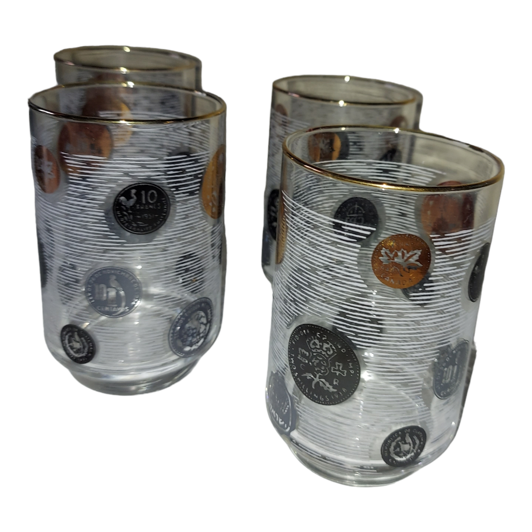 Vintage Cocktail Bar Drinking Glasses w/ Coin designs Black & Gold Coins  MCM | eBay