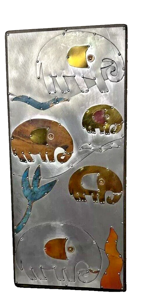 Vintage Handmade Elephants Metal Wall Art Panel Signed by Artist Sue Jowell - Image 2 of 4