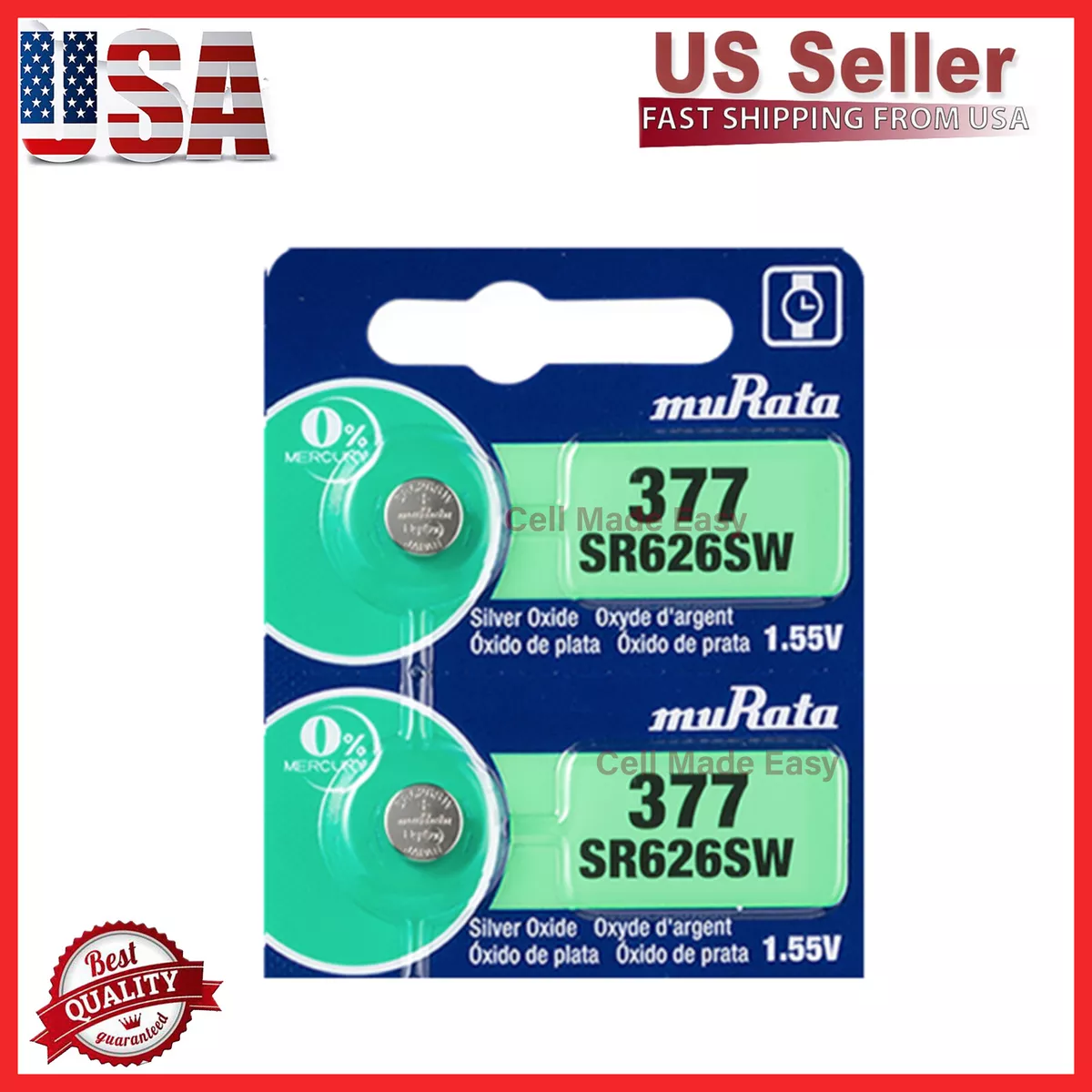 Murata 377 Battery (SR626SW) (formerly SONY) 1.55V Silver Oxide (1 Pack)