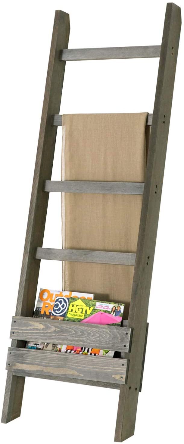 Ladder Magazine Rack 4-Rung Gray Solid Wood Towel or Blanket Ladder Rack with Magazine ...